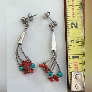 Vintage Silver, Turquoise and Natural Red Stone Earrings